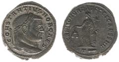 Roman Imperial Coinage Constantius I Chlorus (293-306) - BI Follis (Rome AD 300-03, 8.24 g) - CONSTANTIVS NOB CAES, laureate bust right / SACRA MON VRB AVGG ET CAESS NN, Moneta standing, holding scale