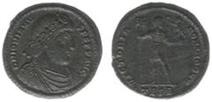 Roman Imperial Coinage Jovianus (363-364) - AE BI Double Maiorina (Thessalonica, 8.15 g) - DN IOVIANVS P F PP AVG, diademed, draped and cuiraased bust right / VICTORIA ROMANORVM, Jovian in military at