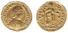 Roman Imperial Coinage Valentinianus III (425-455) - AV Solidus (Ravenna AD 426-45, 4.35 g) - Diademed, draped and cuirassed bust right / Emperor standing facing, holding long cross and Victoria on gl