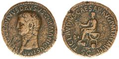 Roman Imperial Coinage Claudius (41-54) - AE Sestertius (Rome 42 AD, 28.53 g) - NERO CLAVDIVS DRVSVS GERMANICVS IMP Bare head left / TI CLAVDIVS CAESAR AVG PM TR P IMP PP Claudius seated on curule cha