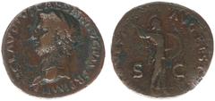 Roman Imperial Coinage Claudius (41-54) - AE Dupondius restoration coin under Titus (Rome AD 80, 8.44 g) – TI CLAVDIVS CAESAR AVG P M TR P IMP P P, bust left / IMP T VESP AVG REST, Minerva advancing r