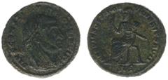 Roman Imperial Coinage Constantius I Chlorus (293-306) - BI half Follis, issue of Constantine I (Siscia AD 317-18, 1.81 g) – DIVO CONSTANTIO PIO PRINCIPI, laureate and veiled bust of Constantius I / R