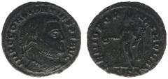 Roman Imperial Coinage Constantius I Chlorus (293-306) - BI quarter Follis (Siscia, 2.27 g) – IMP C CONSTANTIVS P F AVG, laureate bust right / GENIO POPVLI ROMANI, Genius standing, wearing modius, hol