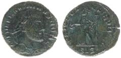 Roman Imperial Coinage Maximinus Daia (305-313) - BI Quarter Follis (Siscia AD 305-06, 2.01 g) – GAL VAL MAXIMINVS NOB C, laureate bust right / GENIO POPVLI ROMANI, Genius standing, wearing modius, ho