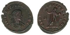Roman Imperial Coinage Crispus (317-326) - BI reduced Follis (Trier AD 317-18, 3.00 g) -FL IVL CRISPVS NOB CAES, laureate and cuirassed bust right / CLARITAS REIPVBLICAE, Sol standing raising right ha
