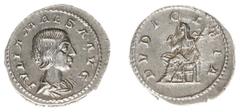 Roman Imperial Coinage Julia Maesa - AR Denarius (Rome AD 218-20, 3.23 g) – IVLIA MAESA AVG, draped bust right / PVDICITIA, Pudicitia seated left, drawing out veil from shoulder with right hand and ho