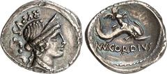 RÖMER RÖMISCHE REPUBLIK : Silbermünzen. Mnaeus Cordius Rufus 46 v. Chr. Denar 3,47g. Venuskopf m. Locken, Diadem u. Perlenkette n.r. RVFVS. S. C / Cupido reitet auf Delfin n.r.; unten MN. CORDIVS (MN 