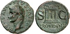 RÖMER RÖMISCHES KAISERREICH. Divus Augustus z.Z. Tiberius 14-37. AE-As (22/23) 10,8g. Kopf mit Strahlenkrone n. l. DIVVS AVGVSTVS PATER / PROVIDENT SC Großer Altar. RIC 81, BMC 146, C. 228. . grünbrau
