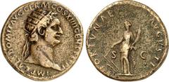 RÖMER RÖMISCHES KAISERREICH. DOMITIANUS, Augustus 81-96. AE-Dupondius (87) 12,71g. Kopf mit Strahlenkrone n.r. IMP CAES DOMIT AVG GERM COS XIIII CENS PERP / FORTVNAE AVGVSTI Fortuna steht n.l. hält Ru