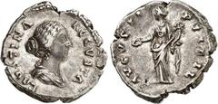 RÖMER RÖMISCHES KAISERREICH. Faustina iunior z.Z. Antoninus Pius 145-161. Denar (156/161) 3,27g. Drapierte Büste n.r. FAVSTINA - AVGVSTA / AVGVSTI - PII FIL Concordia steht mit Füllhorn und Patera v.v