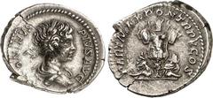 RÖMER RÖMISCHES KAISERREICH. CARACALLA, Augustus 198-217. Denar (202) 3,30g. Büste mit Paludamentum und Lorbeerkranz n.r. ANTONINVS - PIVS AVG / PART MAX PON TR P V COS Zwei Captivi sitzen gefesselt u