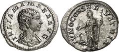 RÖMER RÖMISCHES KAISERREICH. Iulia Mamaea, Mutter des Sev. Alexander 222-235. Denar (222) 2,26g. Pallabüste n.r. IVLIA MAMAEA AVG / IVNO CONSE-R-VATRIX Iuno conservatrix steht n.l.; l. Pfau. RIC 343, 