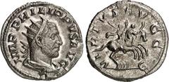 RÖMER RÖMISCHES KAISERREICH. PHILIPPUS I. Arabs 244-249. Antoninian (248/249) 3,98g, Rom, 5. Off. Paludamentbüste m. Strkr. n.r. IMP PHILIPPVS AVG / VIRTVS AVGG Philippi reiten grüßend n.r.; unten E. 