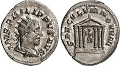 RÖMER RÖMISCHES KAISERREICH. PHILIPPUS I. Arabs 244-249. Antoninian (248/249) 3,70g. Paludamentbüste m. Strkr. n.r. IMP PHILIPPVS AVG / SAECVLVM NOVVM Romatempel. RIC 25b, C. 198. . prfr