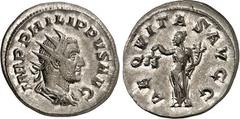RÖMER RÖMISCHES KAISERREICH. PHILIPPUS I. Arabs 244-249. Antoninian (248/249) 4,00g. Paludamentbüste m. Strkr. n.r. IMP PHILIPPVS AVG / AEQVITAS AVGG Aequitas steht n.l. RIC 57, C. 12. . breit, prfr