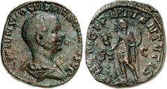 RÖMER RÖMISCHES KAISERREICH. Hostilianus Caesar 250-251. AE-Sesterz (251) 18,24g. Büste mit Paludamentum n.r. [C V]ALENS HOSTIL MES QVINTVS N C / PRINCIPI IVV-EN[TVTI]S - [S] - C Prinz steht in Rüstun