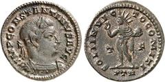 RÖMER RÖMISCHES KAISERREICH. CONSTANTINUS I. der Große, Augustus 306(310)-337. AE-Follis 23mm (310/313) 4,18g, Trier, 1. Off. Panzerbüste m. Lkr. n.r. IMP CONSTANTINVS AVG / SOLI INVIC-TO COMITI Sol s