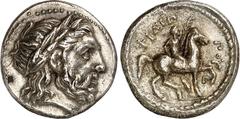 GRIECHEN MAKEDONIEN. KÖNIGREICH. Philippos II. 359-336 v. Chr. Tetradrachmon, postum (323/316 v.Chr.) 14,10g, AMPHIPOLIS. Kopf des Zeus mit Lorbeerkranz n.r. / FILIP-POY Olympionike reitet mit Palmzwe