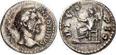 RÖMER RÖMISCHES KAISERREICH. Divus Pius z.Z. Marcus Aurelius 161. Denar 2,68g. Kopf n.r. DIVVS - ANTONINVS / DIVO - PIO Antoninus Pius thront in Toga, mit Sceptrum und Zweig, n.l. RIC 442, BMC 65, C. 