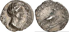 RÖMER RÖMISCHES KAISERREICH. Diva Faustina senior z.Z. Antoninus Pius 141/161. Denar 3,39g. Pallabüste, bedeckt, n.r. DIVA - FAVSTINA / CONSECRATIO Pfau schreitet n.r. RIC 384b, BMC 476, C. 176. . fei