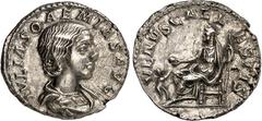 RÖMER RÖMISCHES KAISERREICH. Iulia Soaemias, Mutter d. Elagabalus 218-222. Denar 3,23g. Pallabüste n.r. IVLIA SOAEMIAS AVG / VENVS CAELESTIS Venus thront n.l.; l. Cupido. RIC 243, BMC 55-60, C. 14. . 