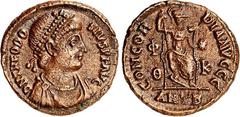 RÖMER RÖMISCHES KAISERREICH. THEODOSIUS I. 379-395. AE-Centenionalis 18/19mm (378/383) 2,47g, Antiochia, 6. Offizin. Büste mit Panzer, Paludamentum und Perlendiadem n.r. D N THEODO-SIVS P F AVG / CONC