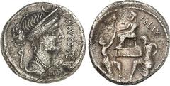 RÖMER RÖMISCHE REPUBLIK : Silbermünzen. Faustus Cornelius Sulla 56 v. Chr. Denar 3,94g. Büste der Diana mit Diadem n. r., oben Halbmond, links Lituus FAVSTVS / Sulla sitzt n. l., vor ihm knien Bocchus