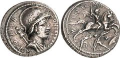 RÖMER RÖMISCHE REPUBLIK : Silbermünzen. Publius Licinius Crassus Marci filius 55 v. Chr. Denar 4,09g. Palliumbüste d. Mars victor m. Helm u. Tropaeum n.r. P FONTEIVS P F - CAPITO III VIR / MN. FONT. T