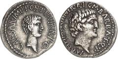 RÖMER IMPERATORISCHE PRÄGUNGEN. MARCUS ANTONIUS und "CAESAR" (Augustus) 44-31 v. Chr. Denar (41 v.Chr.) 4,04g, mobile Mzst. des Marc Anton. Kopf n.r. M. ANT. IMP. AVG. III. VIR. R.P.C. M. BARBAT. Q. P