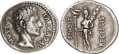 RÖMER RÖMISCHES KAISERREICH. AUGUSTUS 27 v. Chr. -14 n. Chr. Denar (19/18 v.Chr.) 3,80g, Caesaraugusta. Kopf n.r. CAESAR - AVGVSTVS / SIGNIS - RECEPTIS Mars steht mit Aquila u. Signum v.v. RIC 58, C. 