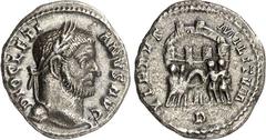 RÖMER RÖMISCHES KAISERREICH. DIOCLETIANUS Iovius 284-305. Argenteus (295/297) 3,77g, Trier. Kopf m. Lkr. n.r. DIOCLETI-ANVS AVG / VIRTVS - MILITVM Tetrarchen opfern vor Lagertor; oben 6 Zinnen; unten 