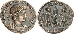 RÖMER RÖMISCHES KAISERREICH. Constans Caesar 333-337. AE-Minutus 16mm (335/337) 1,30g, Antiochia. Büste mit Panzer, Paludamentum und Lorbeerkranz n.r. FL IVL CONSTANS NOB C / GLOR-IA EXERC-ITVS Zwei S