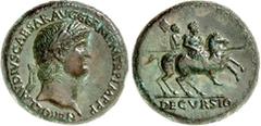 RÖMER RÖMISCHES KAISERREICH. NERO 54-68. AE-Sesterz (63) 27,59g, Rom. Kopf m. Lkr. n.r. NERO CLAVDIVS CAESAR AVG GERM P M TR P IMP P P / Nero reitet mit Adjutant n.r.; unten DECVRSIO (ohne S - C). RIC