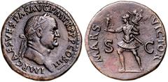 RÖMER RÖMISCHES KAISERREICH. VESPASIANUS 69-79. AE-Sesterz (71) 26,27g, Rom. Kopf m. Lkr. n.r. IMP CAES VESPAS AVG P M TR P P P COS III / MARS VICTOR SC Mars in Waffenkleidung mit Viktoria und Trophäe