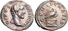 RÖMER RÖMISCHES KAISERREICH. Divus Pius z.Z. Marcus Aurelius 161. Denar 2,82g. Kopf n.r. DIVVS - ANTONINVS / CONSECRATIO Adler steht mit ausgebreiteten Flügeln auf geschmücktem Altar n.r., Kopf n.l. R