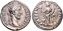 RÖMER RÖMISCHES KAISERREICH. COMMODUS, Augustus 177-192. Denar (184) 2,55g. Kopf m. Lkr. n.r. M COMMODVS - ANTON AVG PIVS / P M TR P VIIII - IMP VI COS IIII P P Felicitas mit Füllhorn und Caduceus ste