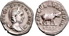 RÖMER RÖMISCHES KAISERREICH. Otacilia Severa, Gemahlin des Philippus I. 244-249. Antoninian (248) 4,24g, 4. Off. Pallabüste m. Diadem auf Mondsichel n.r. OTACIL SEVERA AVG / SAECVLARES AVGG Nilpferd s
