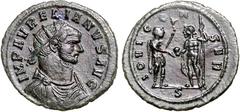 RÖMER RÖMISCHES KAISERREICH. AURELIANUS 270-275. AE-Antoninian (272) 3,76g, Mailand, 2. Off. Panzerbüste m. Strkr. n.r. I[M]P AVRELIANVS AVG / IOVI - CON-SER Iupiter conservator u. Kaiser stehen einan