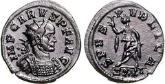 RÖMER RÖMISCHES KAISERREICH. CARUS 282-283. AE-Antoninian 3,06g, Ticinum, 2. Off. Panzerbüste m. Strkr. n.r. IMP CARVS P F AVG / SPES - PVBLICA Spes schreitet n.l.; unten SXXI. RIC. 82. . schwarze Pat