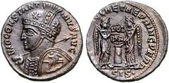 RÖMER RÖMISCHES KAISERREICH. CONSTANTINUS I. der Große, Augustus 306(310)-337. AE-Follis 19mm (313) 2,90g, Siscia, 2. Off. Panzerbüste mit Prunkhelm, Schild u. Lanze in erhobener Rechter n.l. IMP CONS