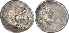KELTEN DONAUKELTEN / OSTKELTEN. Typ Philippos II. von Makedonien. Tetradrachme, Typ "Kugelwange" 8,99g. Zeuskopf m. spitzer Nase und Lorbeerkranz n.r. / Pferd schreitet n.l.; oben Punktringel. Göbl.OT