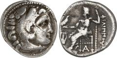 GRIECHEN MAKEDONIEN. KÖNIGREICH. Philippos III. Arrhidaios 323-317 v. Chr. Drachme 18mm (323/319 v.Chr.) 4,15g, KOLOPHON. Herakleskopf n.r. / FILIPPOY Zeus aetophoros thront n.l., darunter A. im Feld 