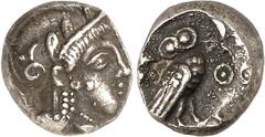 GRIECHEN ATTIKA. ATHEN. Diobol (479/404 v.Chr.) 1,18g. Kopf der Athena mit Helm und Ölkranz n. r. / Im Quadrat: AQE Eule n. r., Kopf nach vorn, dahinter Ölzweig. Svor. -, SNG Cop. -, SNG München -. . 