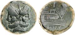 RÖMER RÖMISCHE REPUBLIK : Aes grave. ROM. Post-Semilibral-Serien. AE-As 35,24g. Ianuskopf-förmiger Doppelkopf des Iupiter; oben Wert I / Prora n.r.; oben Wert I; unten ROMA. Cr. 56/2. . Rd.-Sinter, du