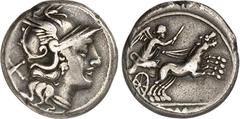 RÖMER RÖMISCHE REPUBLIK : Silbermünzen. Anonym 157-156 v. Chr. Denar 3,70g Rom. Kopf der Roma mit Flügelhelm n.r.; dahinter Wertzeichen X (= 10) / Victoria hält Peitsche und rast in Biga n.r.; darunte