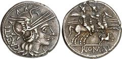RÖMER RÖMISCHE REPUBLIK : Silbermünzen. Gaius Antestius 146 v. Chr. Denar 3,00g. Romakopf n.r. C. ANTES-TI (ANTES ligiert) - X / Dioskuren reiten n.r.; unten n.r. laufender Hund - ROMA. Cr. 219/1e, Ba