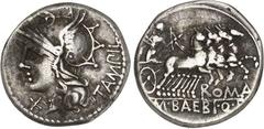 RÖMER RÖMISCHE REPUBLIK : Silbermünzen. Marcus Baebius Quinti filius Tampilus 137 v. Chr. Denar 3,86g. Romakopf m. Kette n.l. TAMPIL / Apollo mit Pfeil und Bogen in Quadriga n.r.; unten ROMA - M. BAEB