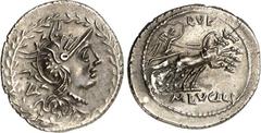 RÖMER RÖMISCHE REPUBLIK : Silbermünzen. Marcus Lucilius Rufus 101 v. Chr. Denar 3,95g. Romakopf im Lorbeerkranz; l. PV / M. LVCILI - RVF Victoria in Biga n.r. Cr. 324/1, Bab. Lucilia 1. . breit, fein 