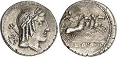 RÖMER RÖMISCHE REPUBLIK : Silbermünzen. Lucius Iulius Bursio 85 v. Chr. Denar 18/19mm 3,92g. Büste des Genius (oder Apollo Vejovis) n. r. mit Lorbeerkranz und Flügel, dahinter Dreizack und Kranz / Vik