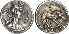 RÖMER RÖMISCHE REPUBLIK : Silbermünzen. Gaius Hosidius Gaii filius Geta 68 v. Chr. Denar 3,90g. GETA vor schmaler Dianabüste m. Bogen u. Köcher n.r., dahinter III VIR / Angeschossener Keiler wird von 